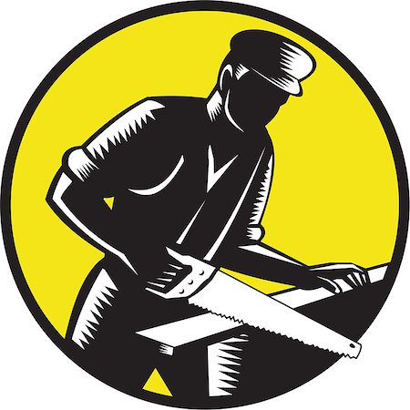 simsearch:400-08629141,k - Illustration of a 19th century carpenter builder holding wearing hat sawing wood set inside circle done in retro woodcut style. Stock Photo - Budget Royalty-Free & Subscription, Code: 400-08918066