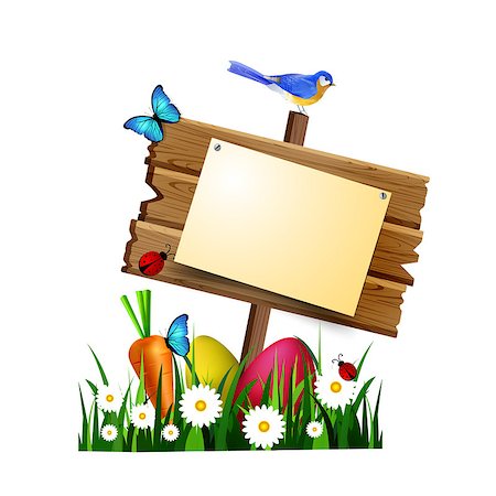 simsearch:400-04229535,k - egg hunt wooden board with pined blank paper on a lawn with flowers eggs carrot and butterfly and ladybugs bird vector Photographie de stock - Aubaine LD & Abonnement, Code: 400-08918093