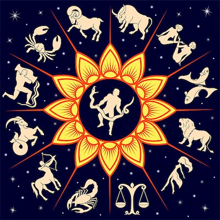 Twelve traditional silhouettes of zodiac signs around the Sun and one new alternative sign Ophiuchus in the center, vector illustration with background of dark blue starry sky Stock Photo - Budget Royalty-Free & Subscription, Code: 400-08919719
