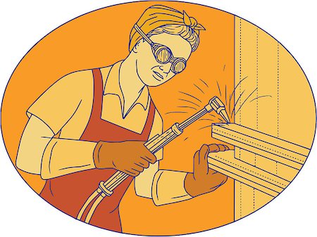 female and welding - Mono line style illustration of a female welder welding using acetylene welding torch viewed from front set inside oval shape. Stock Photo - Budget Royalty-Free & Subscription, Code: 400-08919789