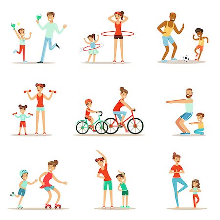 simsearch:400-05112689,k - Parent And Child Doing Sportive Exercises And Sport Training Together Having Fun Set Of Scenes. Cartoon Characters Enjoying Physical Activity With Kids Doing Similar Workout In Gym And Outdoors. Stock Photo - Budget Royalty-Free & Subscription, Code: 400-08934181