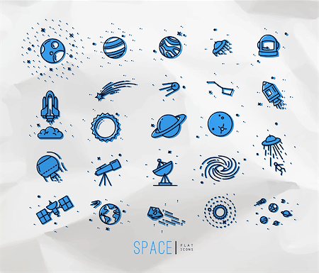 simsearch:400-04378006,k - Space flat icons drawing with black lines and color on crumpled paper background. Stock Photo - Budget Royalty-Free & Subscription, Code: 400-08934587