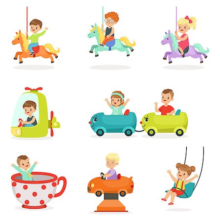 Children having fun in an amusement park, set for label design. Active leisure for children. Cartoon detailed colorful Illustrations isolated on white background Stock Photo - Budget Royalty-Free & Subscription, Code: 400-08935452