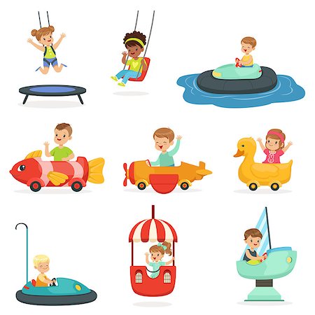 Children ride on attractions in the amusement park, set for label design. Active leisure for children. Cartoon detailed colorful Illustrations isolated on white background Stock Photo - Budget Royalty-Free & Subscription, Code: 400-08935453