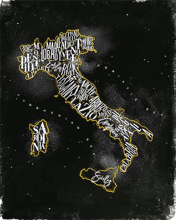 simsearch:400-07680047,k - Vintage italy map with regions inscription sardinia, sicily, lazio, tuscany, liguria, marche, abruzzo, calabria, puglia, veneto, trentino lombardy marche drawing with chalk and yellow on chalkboard Stock Photo - Budget Royalty-Free & Subscription, Code: 400-08936208