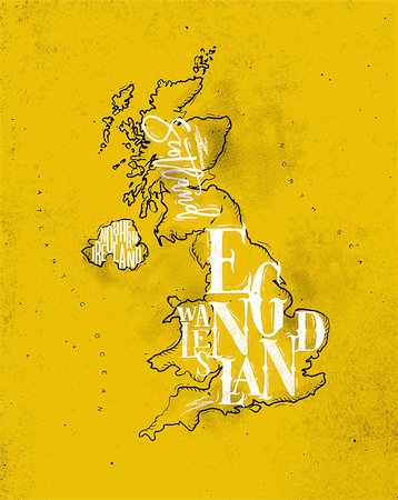 simsearch:400-07680047,k - Vintage united kingdom map with regions inscription scotland, northern ireland, england, wales drawing on yellow background Stock Photo - Budget Royalty-Free & Subscription, Code: 400-08936202