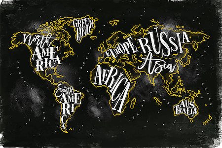 simsearch:400-07680047,k - Vintage worldmap with inscription greenland, north america, south america, africa, europe, asia, australia, russia drawing with chalk and yellow on chalkboard background. Stock Photo - Budget Royalty-Free & Subscription, Code: 400-08936212