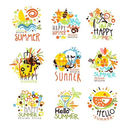 simsearch:400-05944023,k - Happy Summer Vacation Sunny Colorful Graphic Design Template Logo Set, Hand Drawn Vector Stencils. Artistic Promo Posters With Funky Font And Fun Design Elements. Stock Photo - Budget Royalty-Free & Subscription, Code: 400-08936437