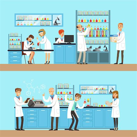 Chemists In The Chemical Research Lab Doing Experiments And Running Chemical Tests. Busy Scientists In Lab Coats In Institute Laboratory Set Of Two Cartoon Illustrations. Stock Photo - Budget Royalty-Free & Subscription, Code: 400-08936495