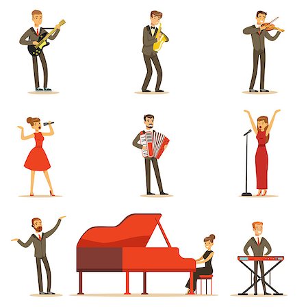 piano playing and singer - Adult Musicians And Singers Performing A Musical Number On Stage In Music Hall Set Of Cartoon Characters. People Singing And Playing Musical Instruments In Concert Vector Illustrations. Stock Photo - Budget Royalty-Free & Subscription, Code: 400-08936561