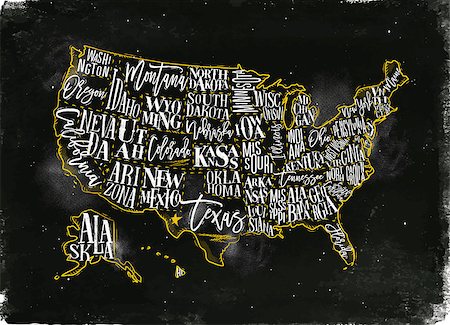 simsearch:400-07680047,k - Vintage usa map with states inscription california, florida, washington, texas, new york, kansas, nevada, tennessy, missouri, arizona, illinois, oregon, louisiana drawing with chalk and yellow Stock Photo - Budget Royalty-Free & Subscription, Code: 400-08936664