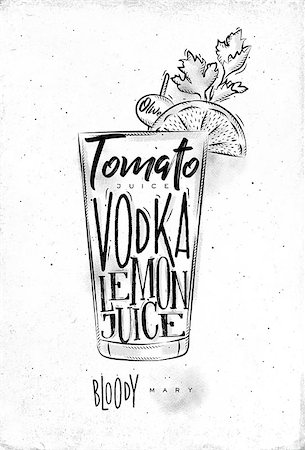 Bloody mary cocktail lettering tomato, vodka, lemon juice, olive in vintage graphic style drawing on dirty paper background Stock Photo - Budget Royalty-Free & Subscription, Code: 400-08937316