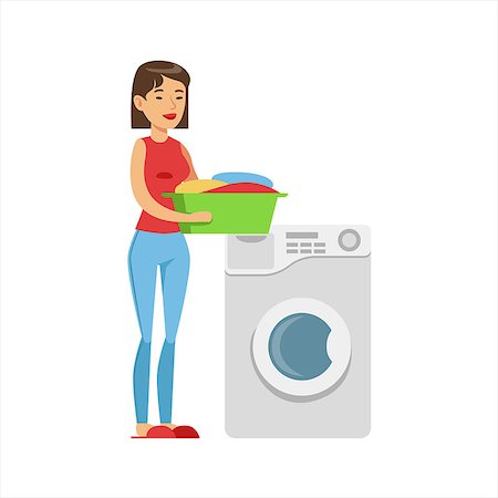 simsearch:400-08693600,k - Woman Housewife Loading Dirty Laundry Into Washing Machine, Classic Household Duty Of Staying-at-home Wife Illustration. Smiling Female Character And Her Domestic Affairs Vector Drawing. Stock Photo - Budget Royalty-Free & Subscription, Code: 400-08930079