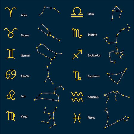 Zodiac constellations vector symbols. Astrology stars signs on blue background. Stock Photo - Budget Royalty-Free & Subscription, Code: 400-08930430