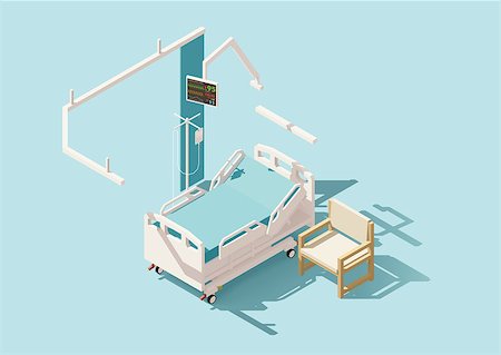 empty inside of hospital rooms - Vector isometric low poly hospital bed with curtain, IV stand and chair Stock Photo - Budget Royalty-Free & Subscription, Code: 400-08931024