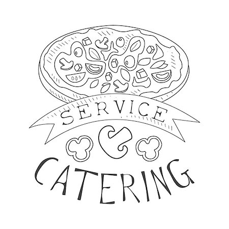 pizza calligraphic - Best Catering Service Hand Drawn Black And White Sign With Pizza And Ribbon Design Template With Calligraphic Text. Promotion Ad For Watering And Food Servicing Business In Monochrome Vector Sketch Style. Photographie de stock - Aubaine LD & Abonnement, Code: 400-08931150