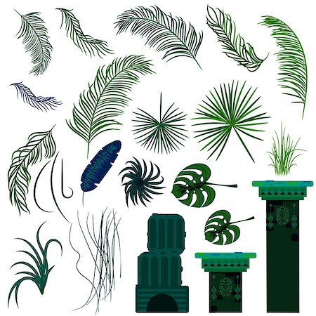 Jungle leaves and old ruin columns isolated objects. Rainforest vector plants and green palms. Stock Photo - Budget Royalty-Free & Subscription, Code: 400-08931232