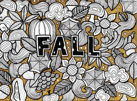 drawn pumpkins - Fall Seasonal Doodle. Raster Illustration of Autumn Concept with Gold. Hand Drawn Sketch. Stock Photo - Budget Royalty-Free & Subscription, Code: 400-08931748