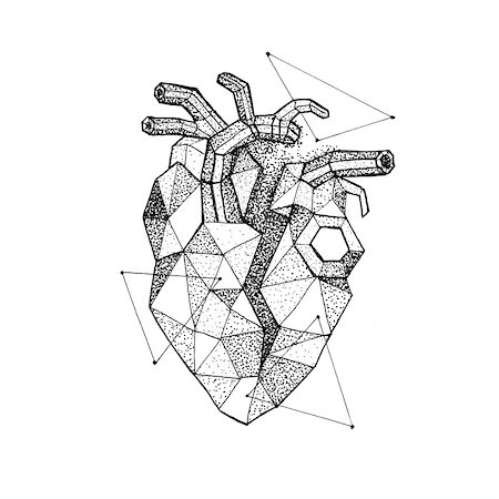 simsearch:400-06207242,k - Polygonal Broken Heart Dotwork. Raster Illustration of Hipster Style T-shirt Design. Love Tattoo Hand Drawn Sketch. Stock Photo - Budget Royalty-Free & Subscription, Code: 400-08931762