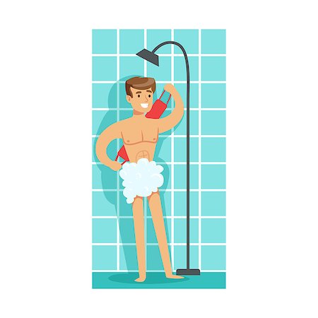 Man Washing Himself With Washcloth In Shower, Part Of People In The Bathroom Doing Their Routine Hygiene Procedures Series. Person Using Lavatory Room For The Daily Washing And Personal Cleanup Vector Illustration. Foto de stock - Super Valor sin royalties y Suscripción, Código: 400-08931794