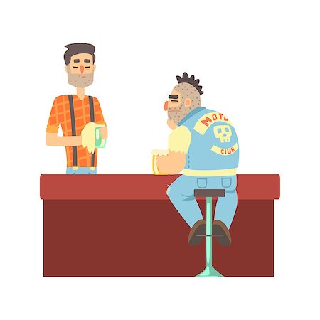 Lonly Biker Gang Member In Jeans Outfit At The Counter With Calm Barman, Beer Bar And Criminal Looking Muscly Men Having Good Time Illustration. Part Of Series Of Dangerous Chunky Guys At The Pub Having Drinks Cool Vector Drawings. Stock Photo - Budget Royalty-Free & Subscription, Code: 400-08931803