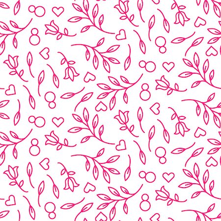 simsearch:400-07418602,k - Pink line floral 8 March seamless vector pattern. Plant leaves and hearts feminine background. Stock Photo - Budget Royalty-Free & Subscription, Code: 400-08932188