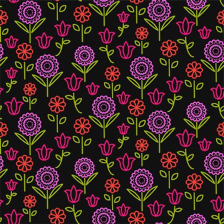 simsearch:400-07418602,k - Seamless vector pattern with bright line flowers on black. Repeat women wrap texture background. Stock Photo - Budget Royalty-Free & Subscription, Code: 400-08932194