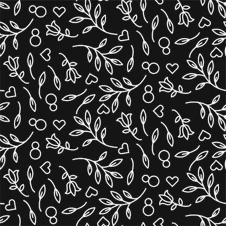 simsearch:400-07418602,k - Womens day 8 March seamless female vector pattern. Plant leaves and hearts black and white background. Stock Photo - Budget Royalty-Free & Subscription, Code: 400-08932193