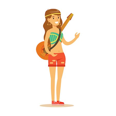 Girl Hippie Dressed In Classic Woodstock Sixties Hippy Subculture Clothes With Guitar On Shoulder Belt. Happy Cartoon Character Belonging To 60s Peaceful Subculture Movement Camping In Nature. Stock Photo - Budget Royalty-Free & Subscription, Code: 400-08932580