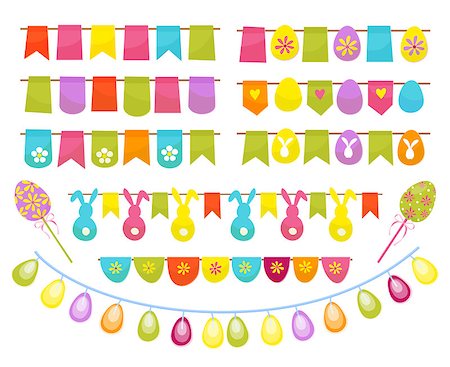 simsearch:400-06628533,k - Easter party decoration vector elements. Eggs garland ,tags,and egg tree isolated on white background. Cartoon style vector illustration Stock Photo - Budget Royalty-Free & Subscription, Code: 400-08933261