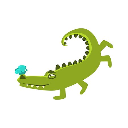 simsearch:400-04434649,k - Crocodile Playing With Butterfly Sitting On Hos Nose, Cartoon Character And His Everyday Wild Animal Activity Illustration. Green Alligator Reptile Vector Drawing In Childish Cute Stock Photo - Budget Royalty-Free & Subscription, Code: 400-08933321