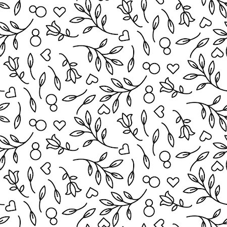 simsearch:400-07418602,k - Black line floral 8 March seamless vector pattern. Plant leaves, tulips and hearts feminine background. Stock Photo - Budget Royalty-Free & Subscription, Code: 400-08933652
