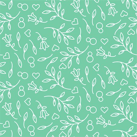 simsearch:400-07418602,k - Eight March womens day seamless vector pattern. Plant leaves and hearts feminine green mint background. Stock Photo - Budget Royalty-Free & Subscription, Code: 400-08933653
