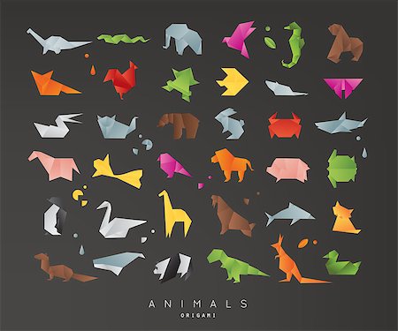 Set of animals color origami snake, elephant, bird, seahorse, frog, fox, mouse, butterfly, pelican, wolf, bear, rabbit, crab, shark, horse, fish, parrot, monkey, pig, turtle, penguin, giraffe, cat, panda, kangaroo on black background Stock Photo - Budget Royalty-Free & Subscription, Code: 400-08933711