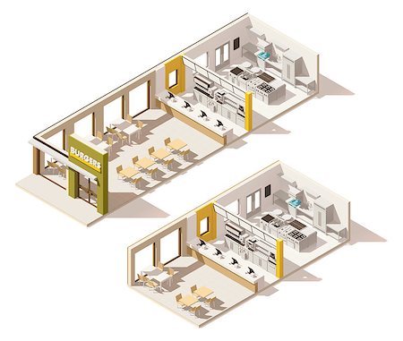 drive-thru - Vector isometric low poly fast food restaurant interior Photographie de stock - Aubaine LD & Abonnement, Code: 400-08933938