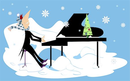 Smiling pianist is playing music under the falling snow Stock Photo - Budget Royalty-Free & Subscription, Code: 400-08954104
