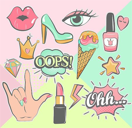 doodle lips - Fashion patch badges with lips, hearts, speech bubbles and others. Set of fashion stickers, icons, patches in 80s-90s comic cartoon style.Modern geometric pastel background. Vector illustration. Stock Photo - Budget Royalty-Free & Subscription, Code: 400-08954343