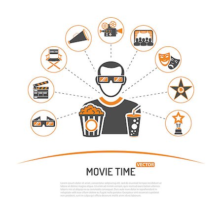 Cinema and Movie concept with two color Icons Set like popcorn, award, clapperboard, tickets, 3D glasses and viewer. Isolated vector illustration Stock Photo - Budget Royalty-Free & Subscription, Code: 400-08955082