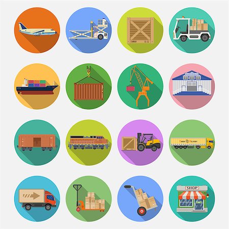 shadow plane - Cargo Transport, Packaging, shipping, delivery and logistics flat Icons Set with Truck, air cargo, Train, Shipping on colored circles with Long Shadows. isolated vector illustration Stock Photo - Budget Royalty-Free & Subscription, Code: 400-08955604