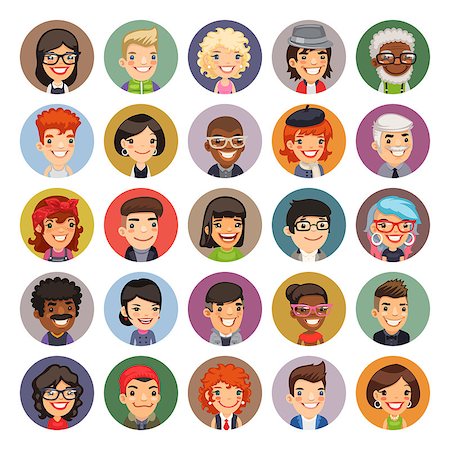 Set of 25 flat cartoon round avatars on color circles. Casual people. Clipping paths included. Stock Photo - Budget Royalty-Free & Subscription, Code: 400-08956829
