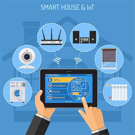 Smart House and internet of things concept with flat icons. Man holding tablet PC in hand and controls camera, blinds, washer, router and radiator. isolated vector illustration Stock Photo - Budget Royalty-Free & Subscription, Code: 400-08957392