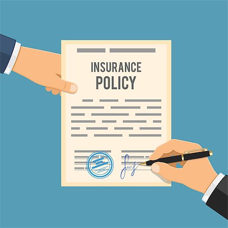 Man signs insurance policy. Insurance agent holds contract in hand, other hand signs contract with pen. Flat style icons. Isolated vector illustration Stock Photo - Budget Royalty-Free & Subscription, Code: 400-08957402