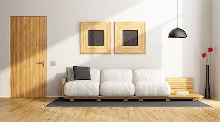 simsearch:400-07513835,k - Minimalist living room with white wall and wooden furniture - 3d rendering Foto de stock - Super Valor sin royalties y Suscripción, Código: 400-08957668