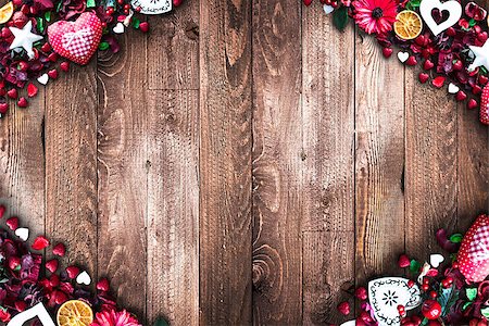 simsearch:400-08034169,k - Valentine's Day Background with love themed elements like cotton and paper hearts, flowers, berries, oranges and other decorations. Wooden old parquet on the back. Stock Photo - Budget Royalty-Free & Subscription, Code: 400-08958158