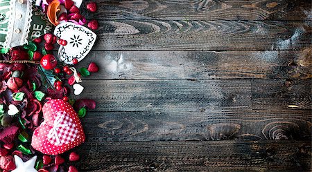 simsearch:400-08034169,k - Valentine's Day Background with love themed elements like cotton and paper hearts, flowers, berries, oranges and other decorations. Wooden old parquet on the back. Stock Photo - Budget Royalty-Free & Subscription, Code: 400-08958178