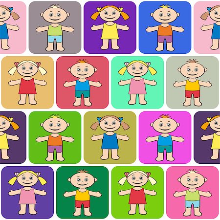 small picture of a cartoon of a person being young - Seamless Background with Happy Cartoon Children, Funny Little Boys and Girls in Bright Clothes, Standing with Arms Wide Open and Smiling in Colorful Squares, Tile Pattern for your Design. Vector Stock Photo - Budget Royalty-Free & Subscription, Code: 400-08958610
