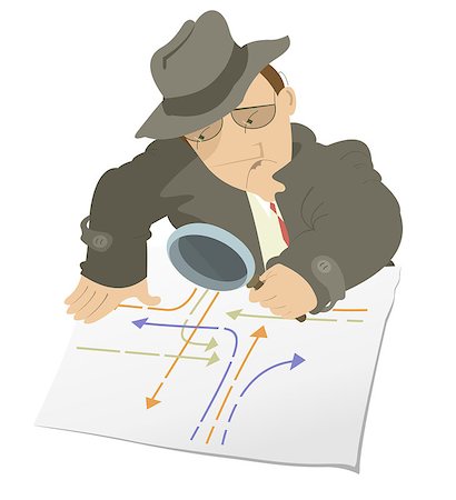 detectives and investigators cartoons - Detective in the hat is examining a document using a magnifying glass Stock Photo - Budget Royalty-Free & Subscription, Code: 400-08958851