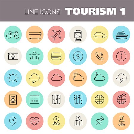 simsearch:400-07114343,k - Trendy line icons - Tourism icons collection on colored round buttons, set 1 Stock Photo - Budget Royalty-Free & Subscription, Code: 400-08959021