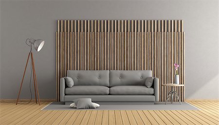 contemporary living room with gray sofa and decorative wooden panel - 3d rendering Stock Photo - Budget Royalty-Free & Subscription, Code: 400-08964832