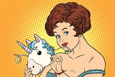 enigma - Beautiful woman with mask unicorn. Cartoon comic illustration pop art retro style vector Stock Photo - Budget Royalty-Free & Subscription, Code: 400-08966457